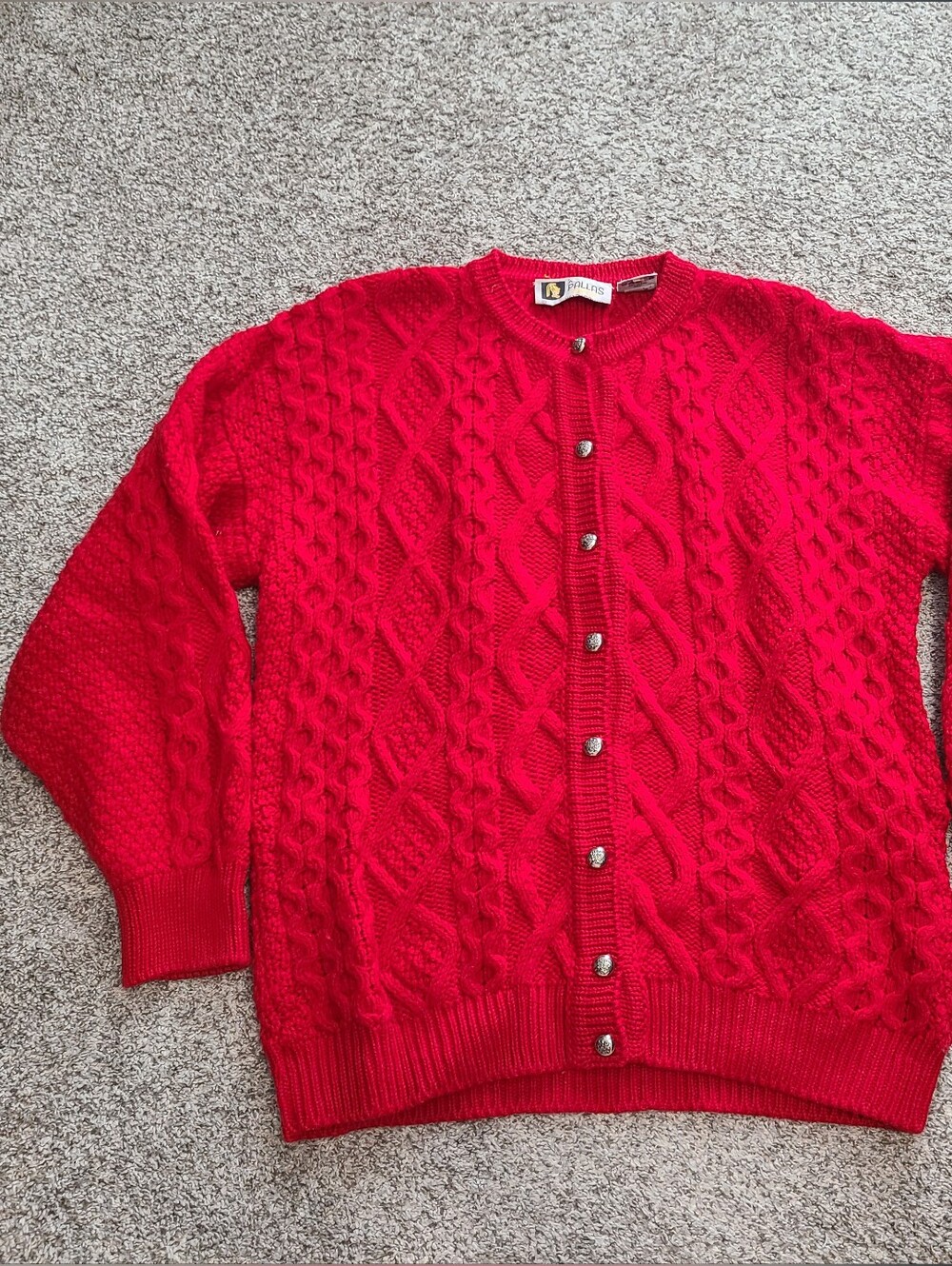 VTG Red Pallas Made In Ireland 100% New Wool Cable Knit Crewneck Cardigan M